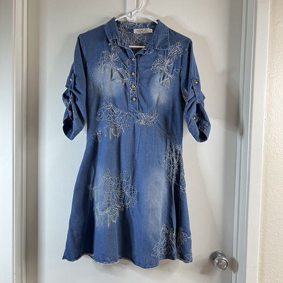 Korean Brand Embroidery Womens Slim Fit Denim Skirts Jean Dress Long Sleeve Sz L - Picture 1 of 12